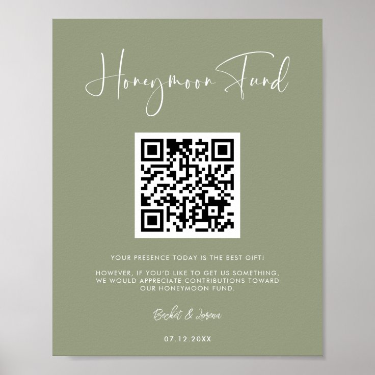 Elegant & modern sage green Honeymoon fund QR code Poster | Zazzle