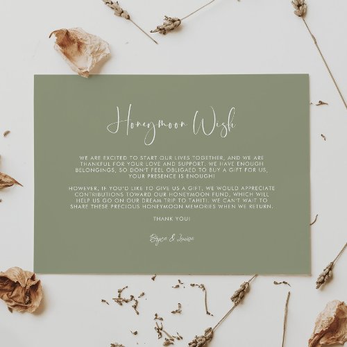 Elegant  modern sage green Honeymoon wish Enclosure Card