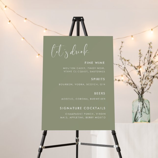Elegant & Modern Sage Green Let's Drink Menu Sign (In Situ (Stand))