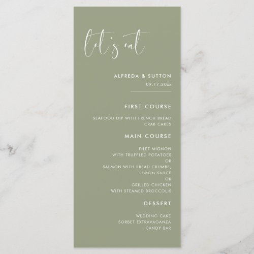 Elegant  modern Sage green Lets eat wedding Menu