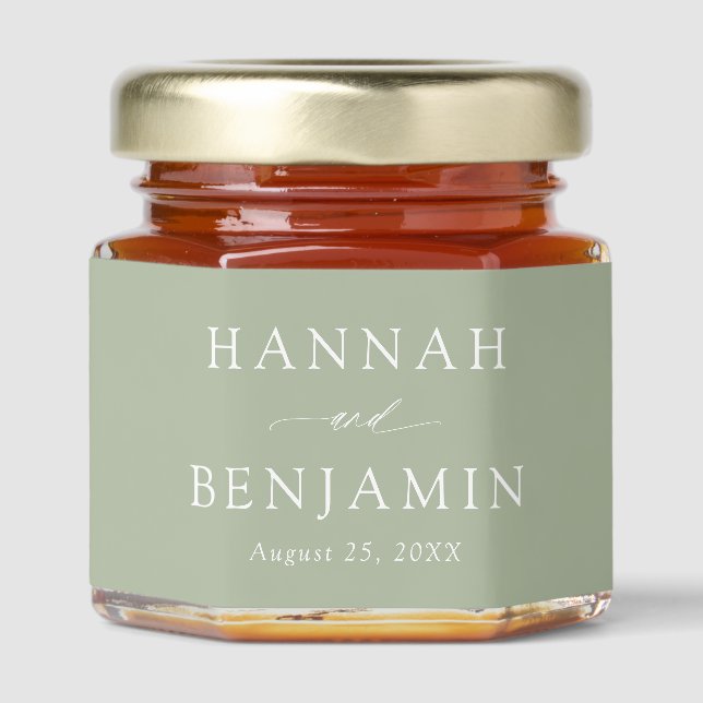 Elegant Modern Sage Green Minimalist Wedding Honey Jar Favors (Front)
