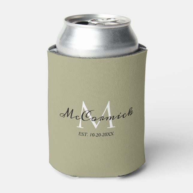 Elegant Modern Sage Green Monogram Wedding Favor Can Cooler (Can Front)