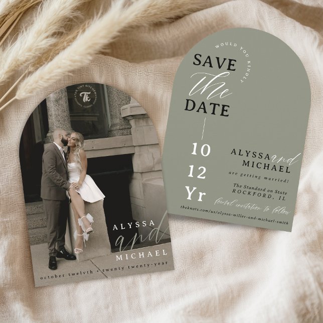 Elegant Modern Sage Green Photo Arch Wedding Save The Date (Modern sage green elegant simple arch calligraphy script engagement photo wedding save the date)