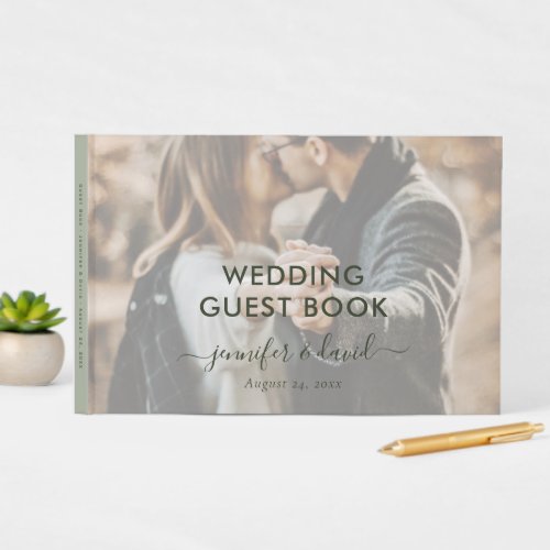 Elegant Modern Sage Green Script Photo Wedding Guest Book