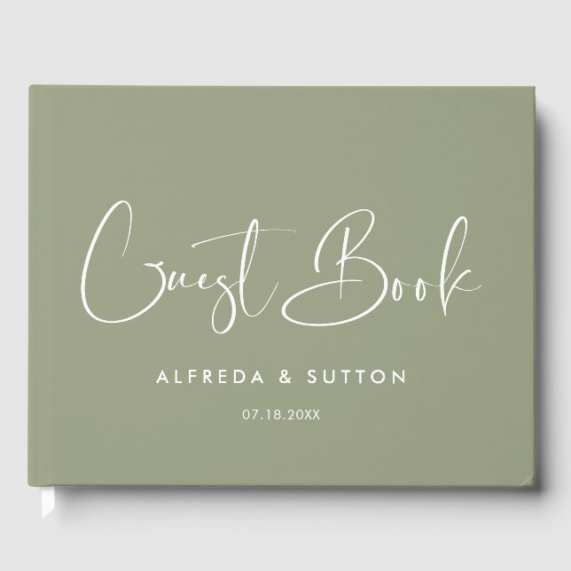 Elegant & modern sage green wedding guest book (Front)