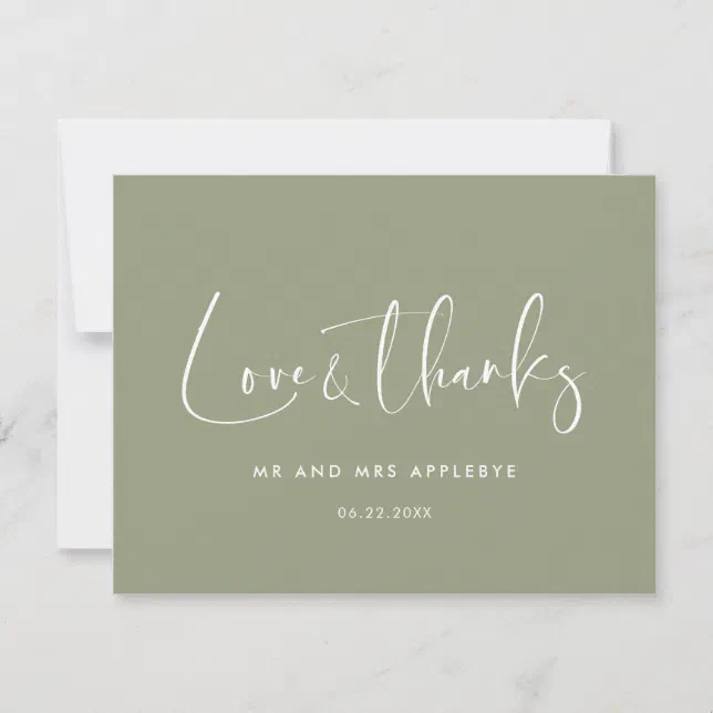Elegant & modern sage green wedding Love & thanks Thank You Card | Zazzle