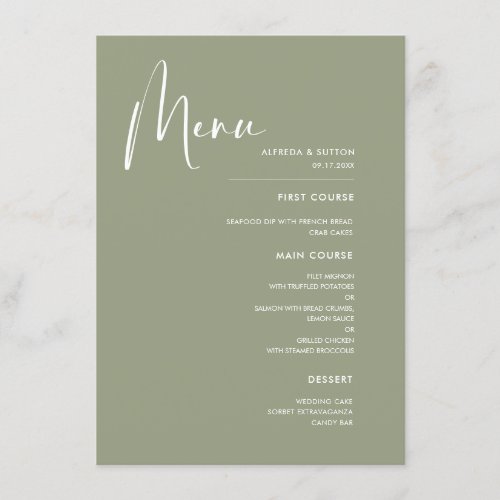 Elegant  modern Sage green wedding Menu