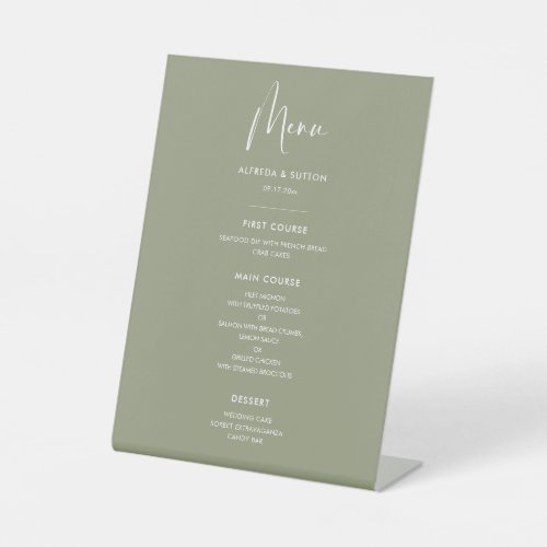 Elegant  modern Sage green wedding menu Pedestal Sign