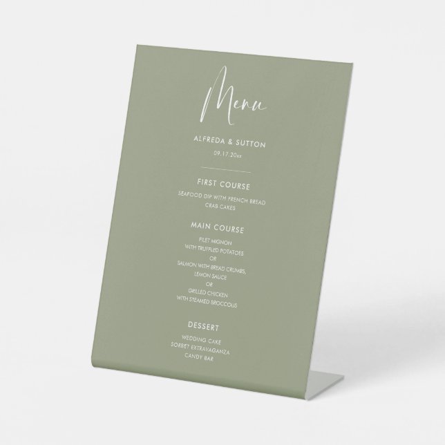 Elegant & modern Sage green wedding menu Pedestal Sign (Front)