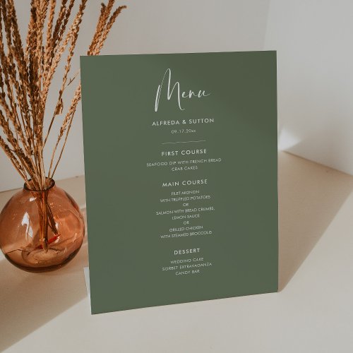 Elegant  modern sage green wedding menu pedestal sign