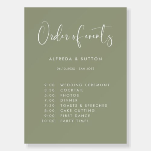 Elegant Modern Sage Green wedding Order of events Foam Board