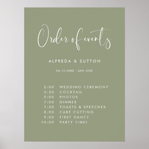 Elegant Modern Sage Green wedding Order of events Poster