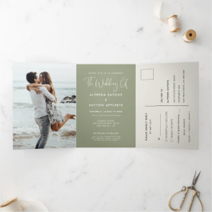 Elegant & modern sage green wedding photo Tri-Fold invitation