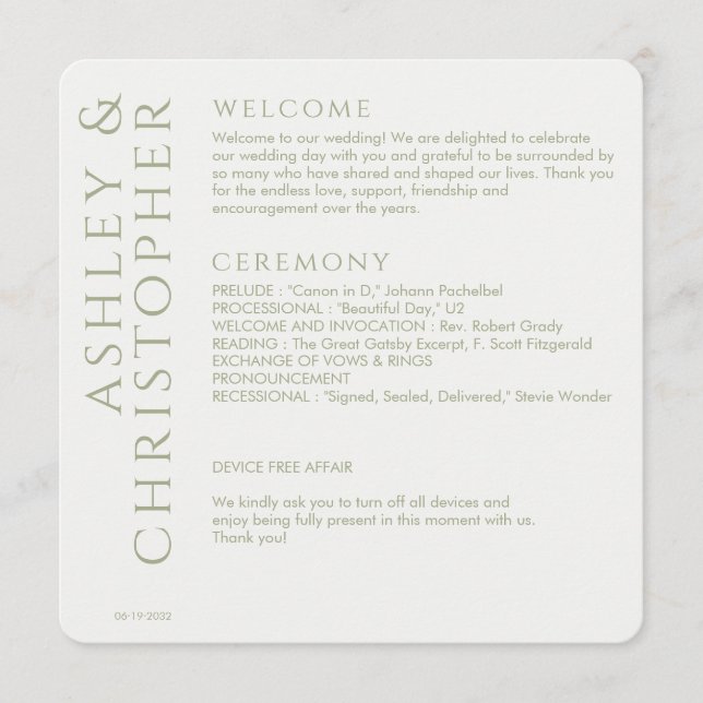 Elegant Modern Sage Green Wedding Program (Front)