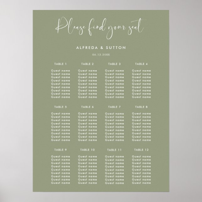 Elegant & Modern Sage Green wedding seating chart (Front)