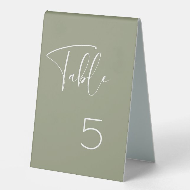 Elegant & modern sage green wedding table number table tent (Front)