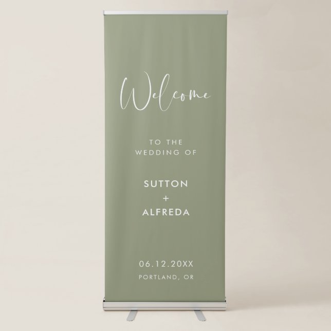 Elegant & modern Sage green Welcome to our wedding Retractable Banner (Front)
