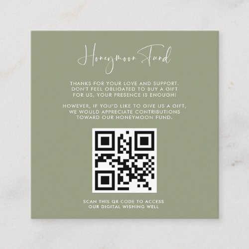 Elegant  modern Sage Honeymoon fund QR code Enclosure Card