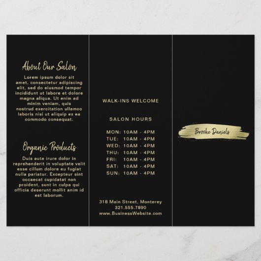 Elegant Modern Salon Black Gold Trifold Brochure (Front)