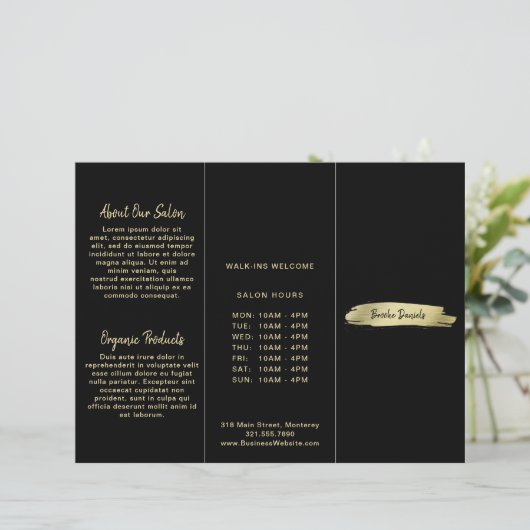 Elegant Modern Salon Black Gold Trifold Brochure (Standing Front)