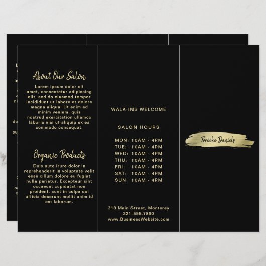 Elegant Modern Salon Black Gold Trifold Brochure (Front/Back)