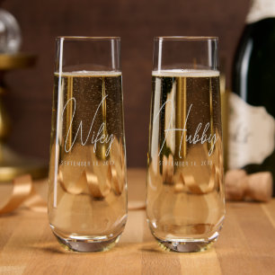Elegant Modern Scrip Wifey Hubby Wedding Stemless Champagne Flute
