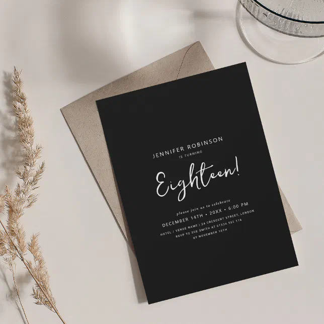 Elegant Modern Script 18th Birthday Black Invitation | Zazzle