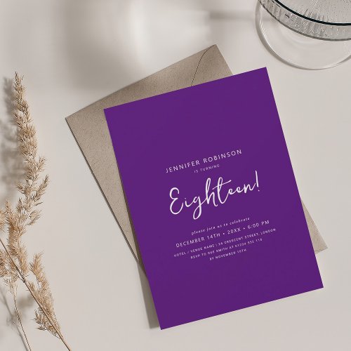 Elegant Modern Script 18th Birthday Purple  Invitation