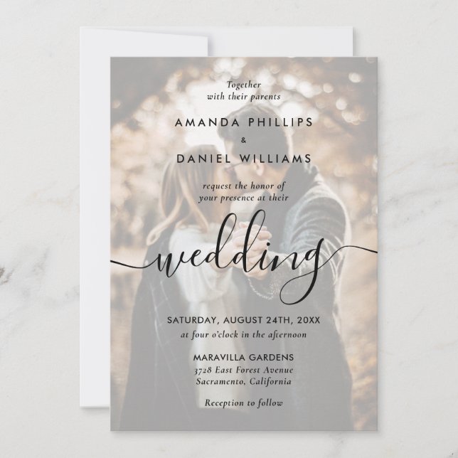 Elegant Modern Script 2 Photo Black Wedding Invitation (Front)