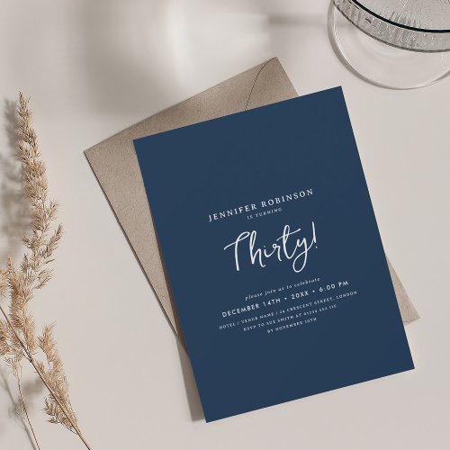 Elegant Modern Script 30th Birthday Navy Blue  Invitation