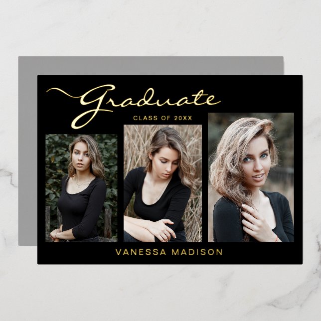 Elegant Modern Script | 3 Photo Grad Announcement (Front/Back)