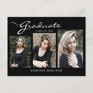 Elegant Modern Script   3 Photo Grad Announcement Postcard