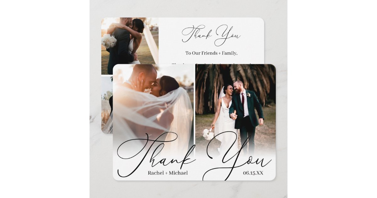 Elegant Modern Script 4 Photo Wedding Guest Thank You Card | Zazzle