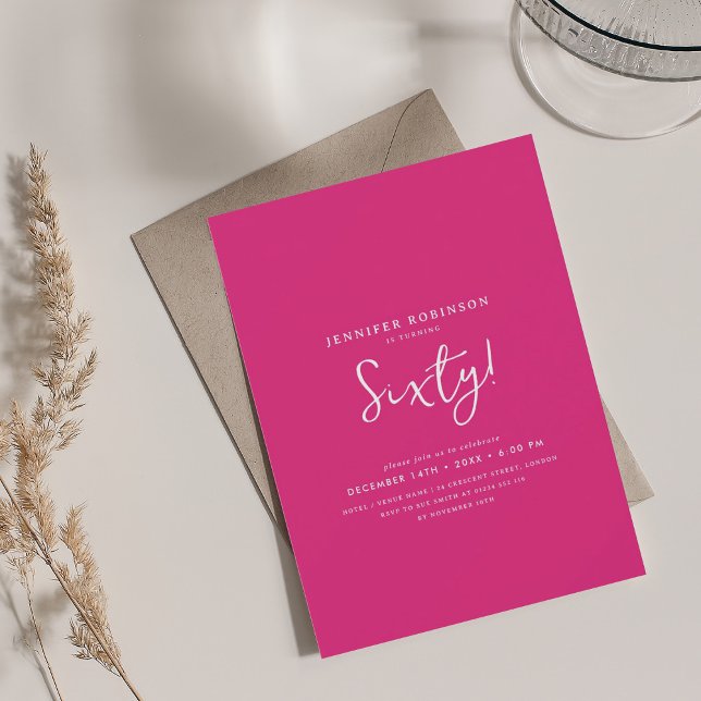 Elegant Modern Script 60th Birthday Party Hot Pink Invitation (Elegant Modern Script 60th Birthday Party Hot Pink Invitation)