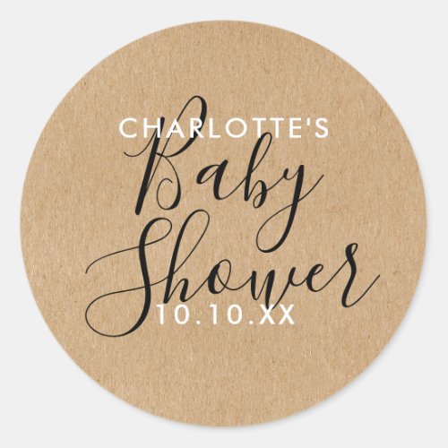 Elegant Modern Script Baby Shower Rustic Kraft  Classic Round Sticker