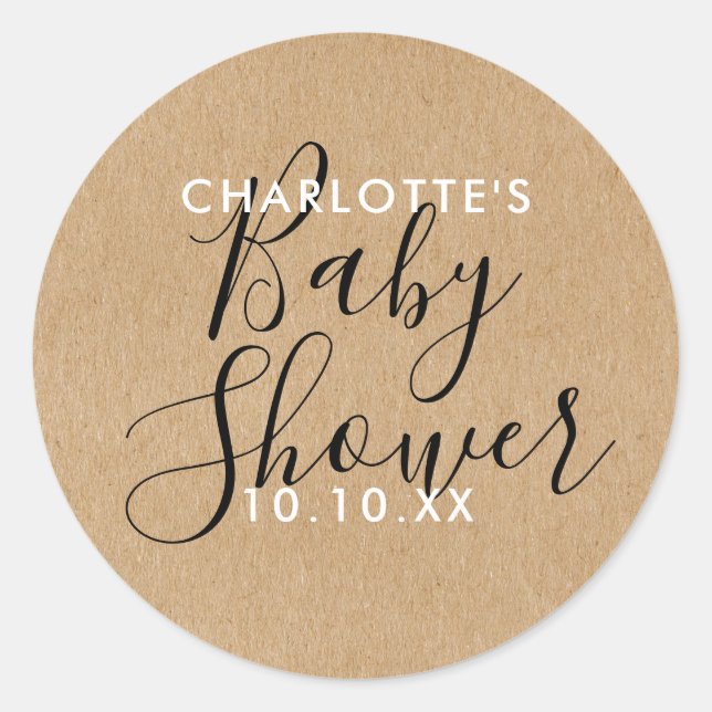 Elegant Modern Script Baby Shower Rustic Kraft  Classic Round Sticker (Front)