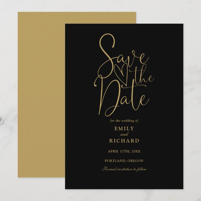 Elegant Modern Script Black And Gold Wedding Save The Date (Front/Back)