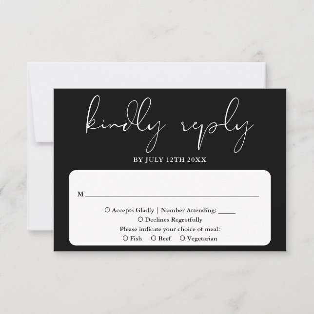 Elegant Modern Script Black And White Wedding RSVP Card (Front)
