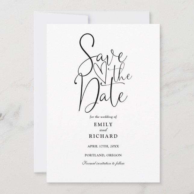 Elegant Modern Script Black And White Wedding Save The Date (Front)