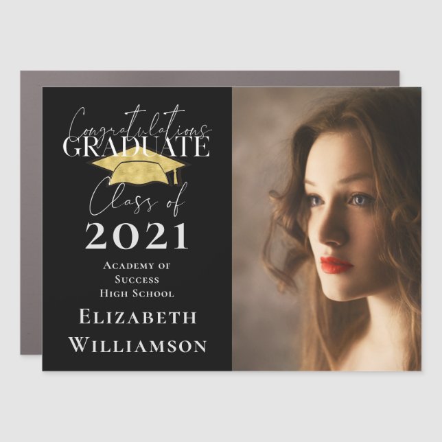 Elegant Modern Script Black Gold Photo Graduation Car Magnet (Front)