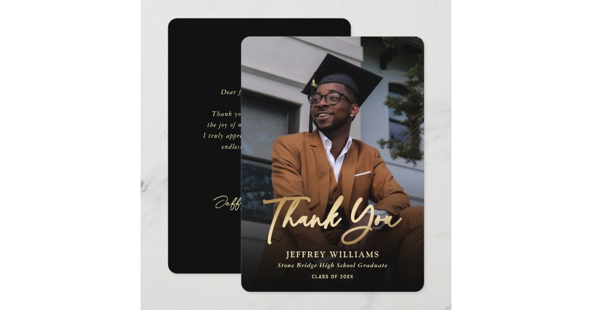 Elegant Modern Script Black Gold Photo Graduation Thank You Card | Zazzle