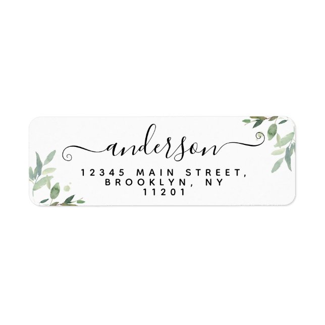 Elegant Modern Script Black Last Name Greenery Label (Front)