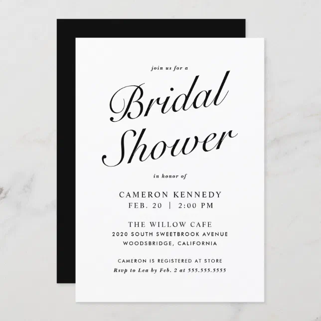 Elegant Modern Script Black + White Bridal Shower Invitation | Zazzle