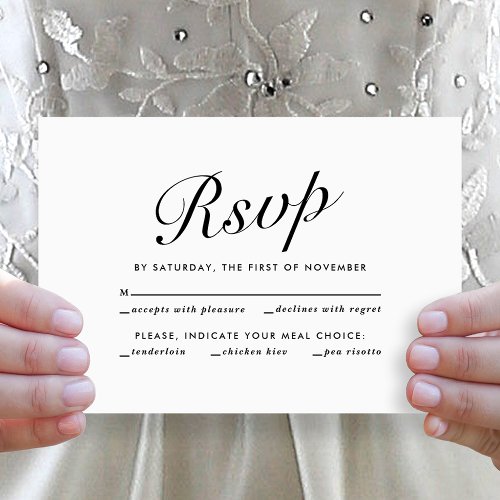 Elegant Modern Script Black White Meal Choice RSVP Invitation