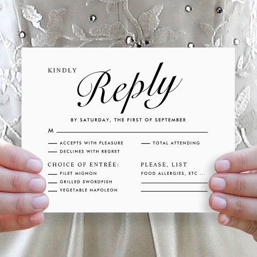 Elegant Modern Script Black White Menu Choice RSVP Invitation