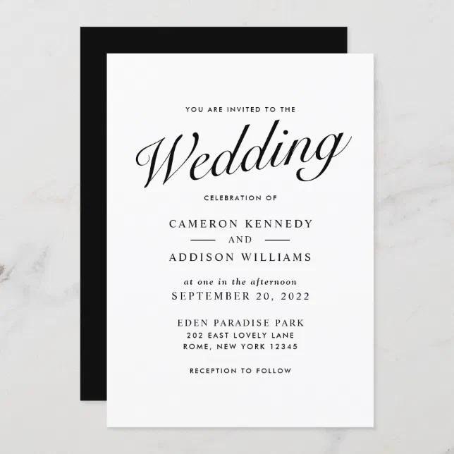 Elegant Modern Script Black + White Wedding Invitation | Zazzle