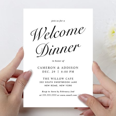 Elegant Modern Script Black   White Welcome Dinner Invitation
