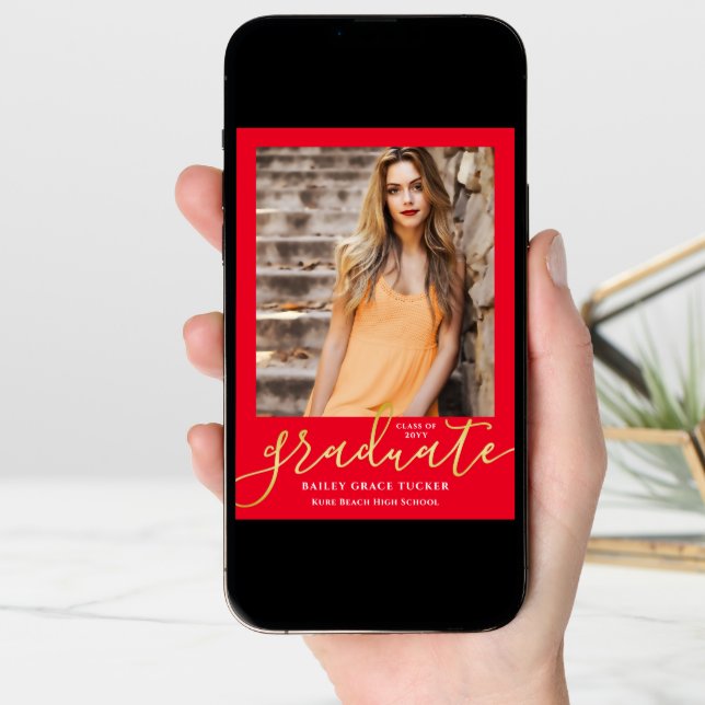Elegant Modern Script Bright Red Photo Graduation Announcement (Front Digital)
