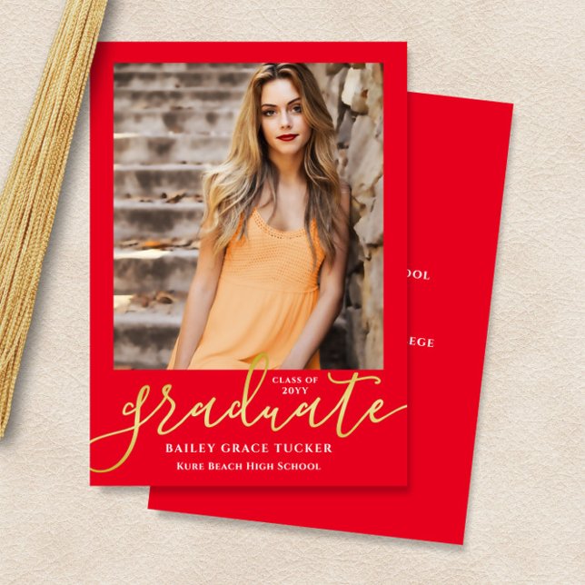 Elegant Modern Script Bright Red Photo Graduation Announcement (Creator Uploaded)