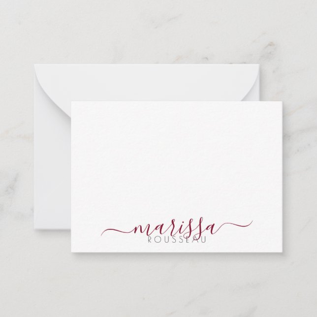 Elegant Modern Script Burgundy Monogram Name  Note Card (Front)